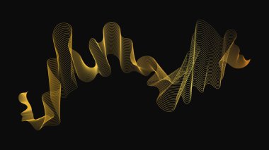 Karanlık arka planda lüks altın dalgaları olan soyut bir fon. Modern teknoloji arka planı, dalga tasarımı. Vektör illüstrasyonu