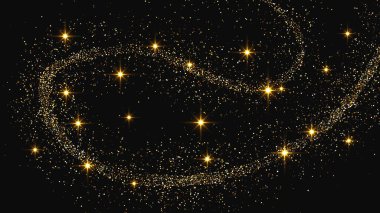 Altın parıldayan konfeti dalgası ve yıldız tozu. Koyu arkaplanda altın sihirli parıltılarla arka plan. Vektör illüstrasyonu