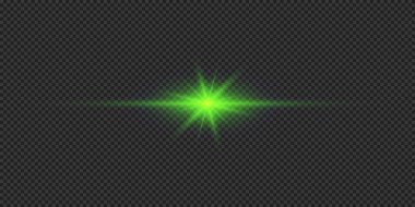 Lens fişeklerinin ışık etkisi. Gri şeffaf arkaplanda parıldayan yeşil yatay ışık patlaması efekti. Vektör illüstrasyonu