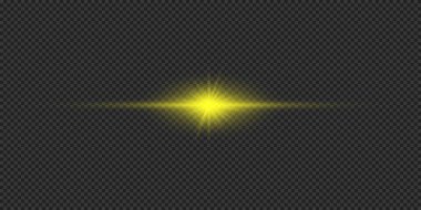 Lens fişeklerinin ışık etkisi. Gri şeffaf arkaplanda parıldayan sarı yatay ışık patlaması etkisi. Vektör illüstrasyonu
