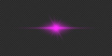 Lens fişeklerinin ışık etkisi. Mor yatay parlak ışık patlaması efekti. Gri şeffaf arkaplanda parıltılar var. Vektör illüstrasyonu