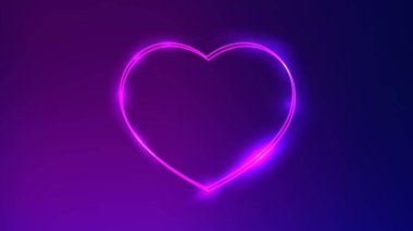 Koyu mor arka planda parlak efektlerle kalp şeklinde neon çift çerçeve. Boş parlayan tekno fon. Vektör illüstrasyonu