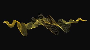 Karanlık arka planda lüks altın dalgaları olan soyut bir fon. Modern teknoloji arka planı, dalga tasarımı. Vektör illüstrasyonu