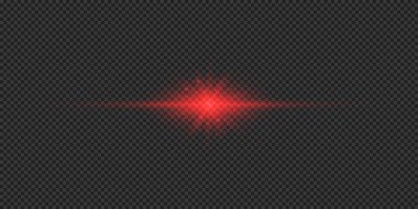 Lens fişeklerinin ışık etkisi. Gri şeffaf arkaplanda parıldayan kırmızı yatay ışık patlaması efekti. Vektör illüstrasyonu