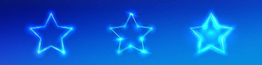 Mavi arka plan üzerinde ışıldayan üç neon çift çerçeve yıldız formunda. Boş parlayan tekno fon. Vektör illüstrasyonu