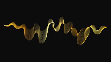 Karanlık arka planda lüks altın dalgaları olan soyut bir fon. Modern teknoloji arka planı, dalga tasarımı. Vektör illüstrasyonu
