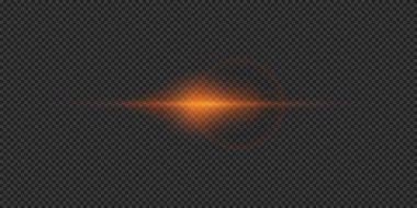 Lens fişeklerinin ışık etkisi. Gri şeffaf arkaplanda parıldayan turuncu yatay ışık patlaması efekti. Vektör illüstrasyonu