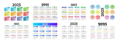 2025 için altı takvim seti beyaz arka planda izole edildi. Pazardan pazartesiye, iş planı. Vektör illüstrasyonu