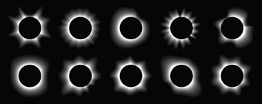 Çemberin büyük bir kümesi gradyanı ile çerçeveleri aydınlatır. Siyah arkaplanda 10 tane beyaz neon pankart var. Vektör illüstrasyonu