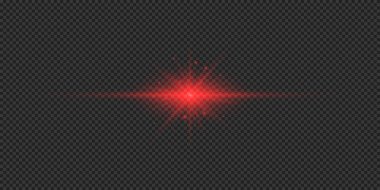 Lens fişeklerinin ışık etkisi. Gri şeffaf arkaplanda parıldayan kırmızı yatay ışık patlaması efekti. Vektör illüstrasyonu