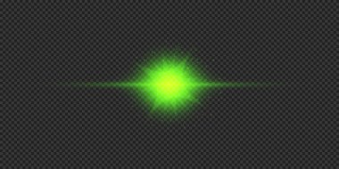 Lens fişeklerinin ışık etkisi. Gri şeffaf arkaplanda parıldayan yeşil yatay ışık patlaması efekti. Vektör illüstrasyonu