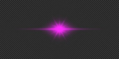 Lens fişeklerinin ışık etkisi. Mor yatay parlak ışık patlaması efekti. Gri şeffaf arkaplanda parıltılar var. Vektör illüstrasyonu