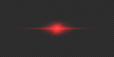 Lens fişeklerinin ışık etkisi. Gri şeffaf arkaplanda parıldayan kırmızı yatay ışık patlaması efekti. Vektör illüstrasyonu