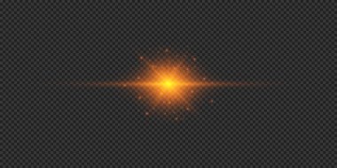 Lens fişeklerinin ışık etkisi. Gri şeffaf arkaplanda parıldayan turuncu yatay ışık patlaması efekti. Vektör illüstrasyonu