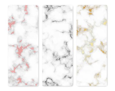 Mermer desenli arka planlar. Üç farklı soyut mermer granit taş seti. Vektör illüstrasyonu