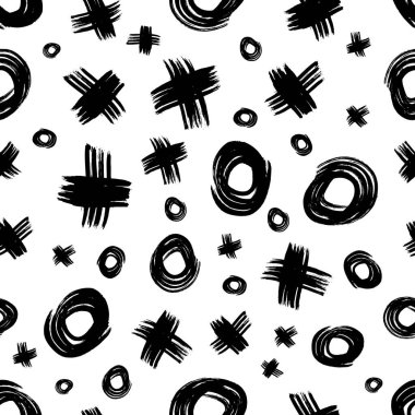 Siyah el çizimi çizimi, kusursuz desen, beyaz arka planda şekiller ve çapraz semboller çizilmiş. Soyut grunge dokusu. Vektör illüstrasyonu