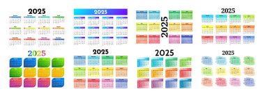 2025 için altı takvim seti beyaz arka planda izole edildi. Pazardan pazartesiye, iş planı. Vektör illüstrasyonu
