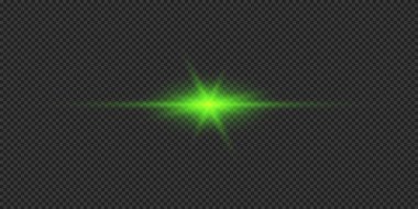 Lens fişeklerinin ışık etkisi. Gri şeffaf arkaplanda parıldayan yeşil yatay ışık patlaması efekti. Vektör illüstrasyonu