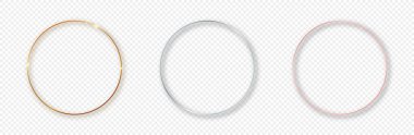 Şeffaf arkaplanda üç adet altın, gümüş ve gül rengi parlayan daire çerçevesi var. Parlak efektli parlak bir çerçeve. Vektör illüstrasyonu