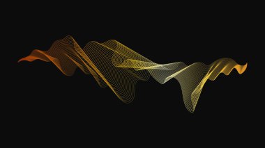 Karanlık arka planda lüks altın dalgaları olan soyut bir fon. Modern teknoloji arka planı, dalga tasarımı. Vektör illüstrasyonu