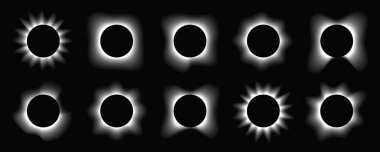 Çemberin büyük bir kümesi gradyanı ile çerçeveleri aydınlatır. Siyah arkaplanda 10 tane beyaz neon pankart var. Vektör illüstrasyonu