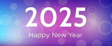 Bulanık arkaplandaki 2025 yılınız kutlu olsun. Arkaplanda beyaz numaralar, konfeti, bokeh ve lens fişeği var. Vektör illüstrasyonu