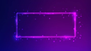 Neon çift dikdörtgen çerçeve, parlak efektler ve koyu mavi arka planda parıltılar. Boş parlayan tekno fon. Vektör illüstrasyonu