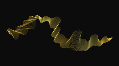 Karanlık arka planda lüks altın dalgaları olan soyut bir fon. Modern teknoloji arka planı, dalga tasarımı. Vektör illüstrasyonu