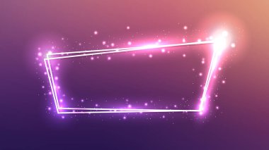Parlak efektli neon çift çerçeve ve koyu mor arka planda parıltılar. Boş parlayan tekno fon. Vektör illüstrasyonu