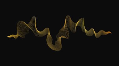 Karanlık arka planda lüks altın dalgaları olan soyut bir fon. Modern teknoloji arka planı, dalga tasarımı. Vektör illüstrasyonu
