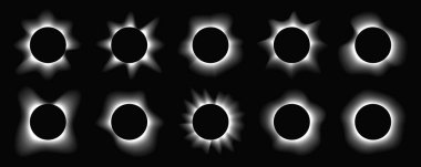 Çemberin büyük bir kümesi gradyanı ile çerçeveleri aydınlatır. Siyah arkaplanda 10 tane beyaz neon pankart var. Vektör illüstrasyonu