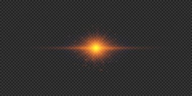 Lens fişeklerinin ışık etkisi. Gri şeffaf arkaplanda parıldayan turuncu yatay ışık patlaması efekti. Vektör illüstrasyonu