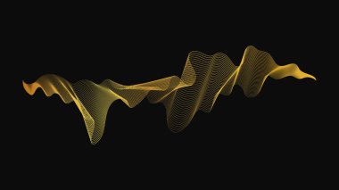 Karanlık arka planda lüks altın dalgaları olan soyut bir fon. Modern teknoloji arka planı, dalga tasarımı. Vektör illüstrasyonu