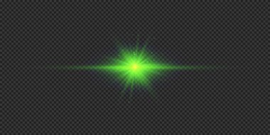 Lens fişeklerinin ışık etkisi. Gri şeffaf arkaplanda parıldayan yeşil yatay ışık patlaması efekti. Vektör illüstrasyonu