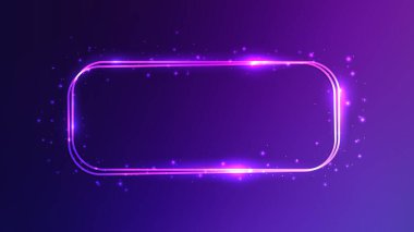Neon çift yuvarlak dikdörtgen çerçeve, parlak efektler ve koyu mavi arka planda parıltılar. Boş parlayan tekno fon. Vektör illüstrasyonu