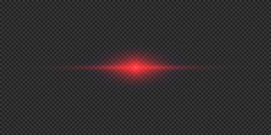Lens fişeklerinin ışık etkisi. Gri şeffaf arkaplanda parıldayan kırmızı yatay ışık patlaması efekti. Vektör illüstrasyonu