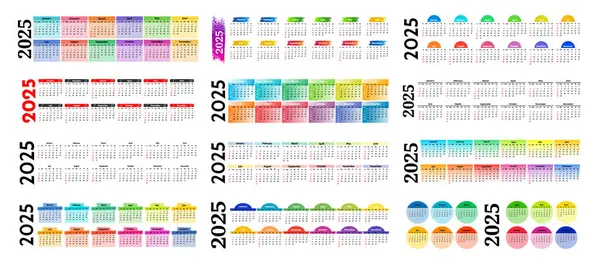 2025 için büyük yatay takvimler beyaz arka planda izole edildi. Pazardan pazartesiye, iş planı. Vektör illüstrasyonu