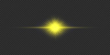 Lens fişeklerinin ışık etkisi. Gri şeffaf arkaplanda parıldayan sarı yatay ışık patlaması etkisi. Vektör illüstrasyonu