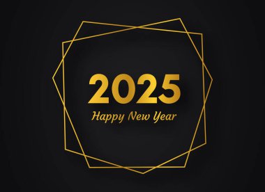 2025 Happy New Year gold geometric polygonal background. Gold geometric polygonal frame with shining effects for Christmas holiday greeting card, flyers or posters. Vector illustration clipart