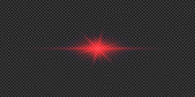 Lens fişeklerinin ışık etkisi. Gri şeffaf arkaplanda parıldayan kırmızı yatay ışık patlaması efekti. Vektör illüstrasyonu