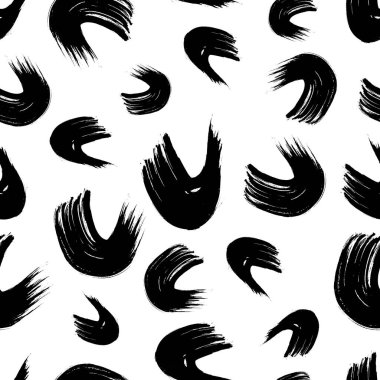 Seamless pattern with black wavy grunge brush strokes in abstract shapes on white background. Vector illustration