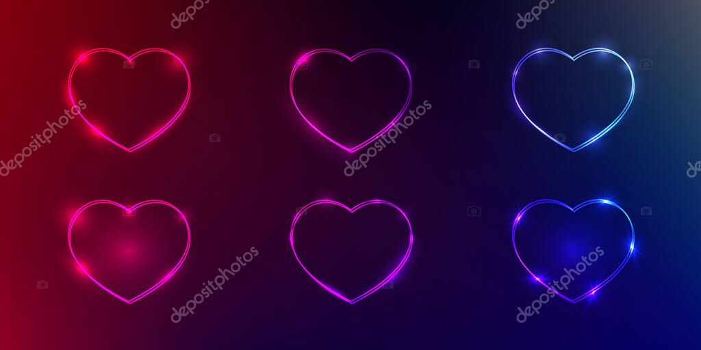 Set of six neon frames in heart form with shining effects on dark purple background. Empty glowing techno backdrop. Vector illustration