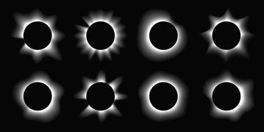 Çemberin büyük bir kümesi gradyanı ile çerçeveleri aydınlatır. Siyah arkaplanda sekiz tane beyaz neon pankart var. Vektör illüstrasyonu