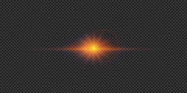Lens fişeklerinin ışık etkisi. Gri şeffaf arkaplanda parıldayan turuncu yatay ışık patlaması efekti. Vektör illüstrasyonu