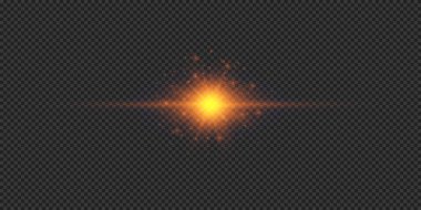 Lens fişeklerinin ışık etkisi. Gri şeffaf arkaplanda parıldayan turuncu yatay ışık patlaması efekti. Vektör illüstrasyonu