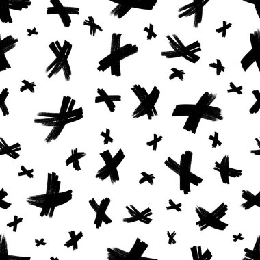 Elle çizilmiş çapraz sembollü kusursuz desen. Beyaz arka planda siyah çizim işareti. Vektör illüstrasyonu