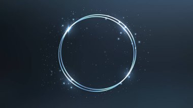 Parlak efektleri ve koyu arkaplanda parıltıları olan neon çift daire çerçeve. Boş parlayan tekno fon. Vektör illüstrasyonu
