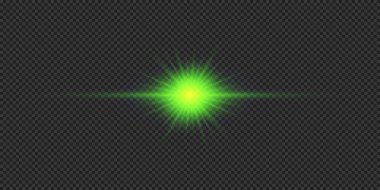 Lens fişeklerinin ışık etkisi. Gri şeffaf arkaplanda parıldayan yeşil yatay ışık patlaması efekti. Vektör illüstrasyonu