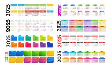 2025 için sekiz yatay takvim seti beyaz arka planda izole edildi. Pazardan pazartesiye, iş planı. Vektör illüstrasyonu