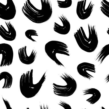 Seamless pattern with black wavy grunge brush strokes in abstract shapes on white background. Vector illustration